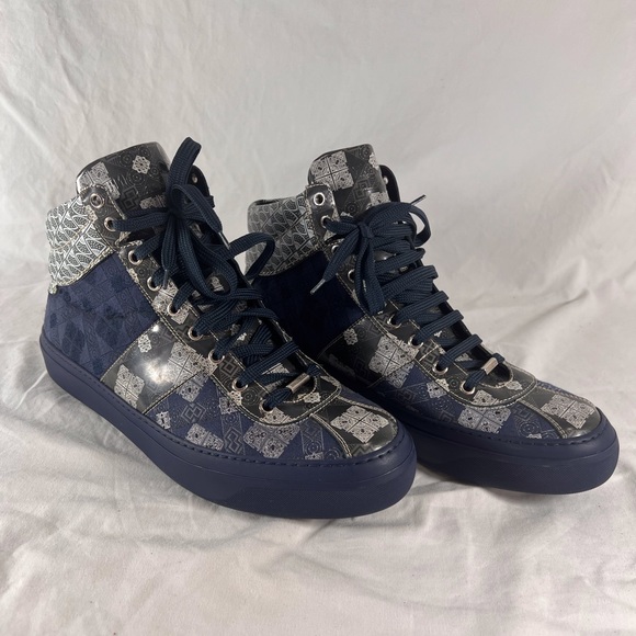 JIMMY CHOO Navy Blue Pattern Canvas Leather High Top Sneakers Marked as 45 12US - Picture 4 of 15